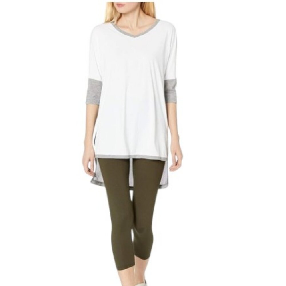 Blanc Noir white with grey outline high low mesh athletic 3/4 sleeves tee size L